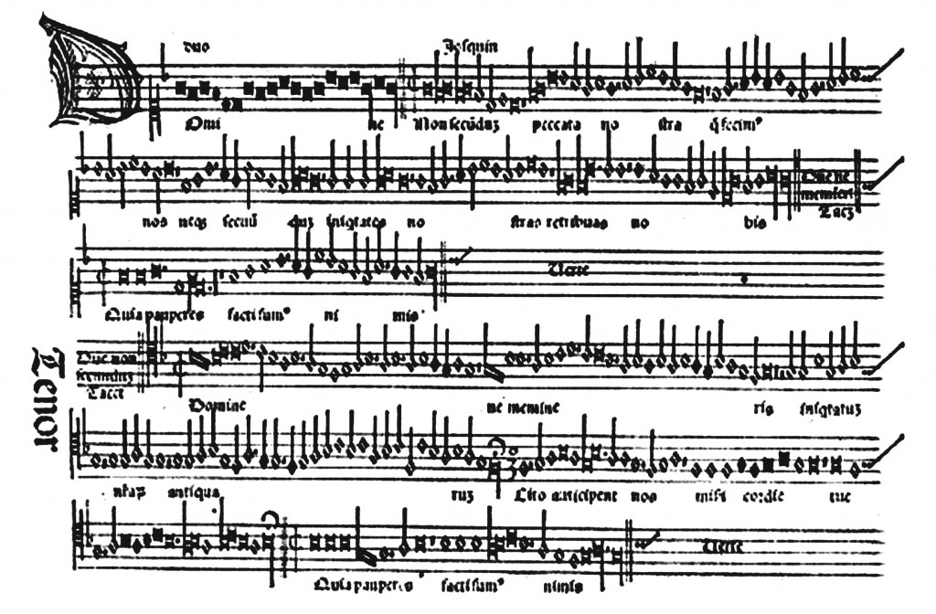 Ottaviano Pretucci imprime à Venise, et dès le début du XVIe siècle, ses partitions en trois passages successifs : d’abord les lignes, puis le texte et enfin les notes et les clefs 