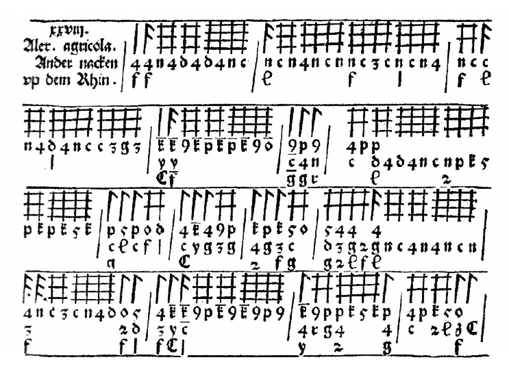 La tablature de luth allemande du début du XVIe siècle ne représente pas les cordes mais les positions de jeu par combinaison de traits.