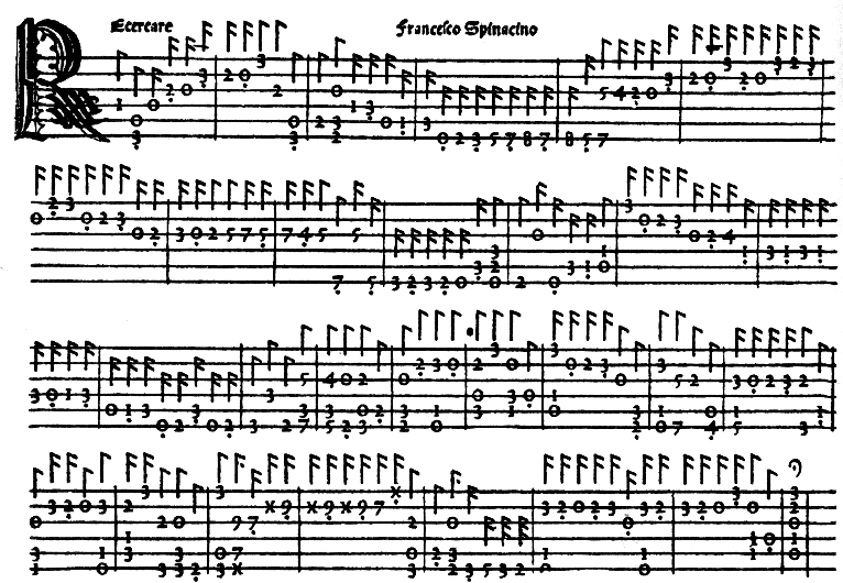 Cet extrait d’une tablature de luth de 1507 est imprimé par Ottaviano Petrucci en double passages successifs : d’abord les lignes, puis les chiffres.
