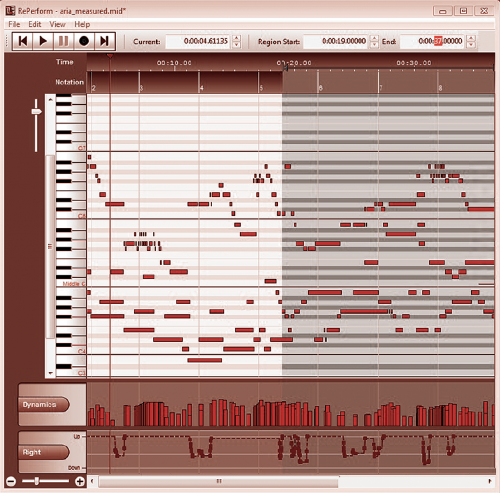 Visualisation possible d’une séquence MIDI dans un éditeur musical : les notes sont présentées sur le même axe que les touches du clavier à gauche.