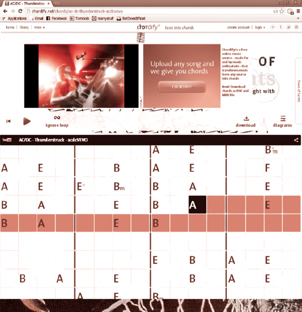 Une page type de Chordify, comprend : en haut à gauche le lecteur Youtube diff usant le clip du morceau ; en milieu de page le navigateur et les commandes de lecture ; et en bas , la grille interactive des accords.