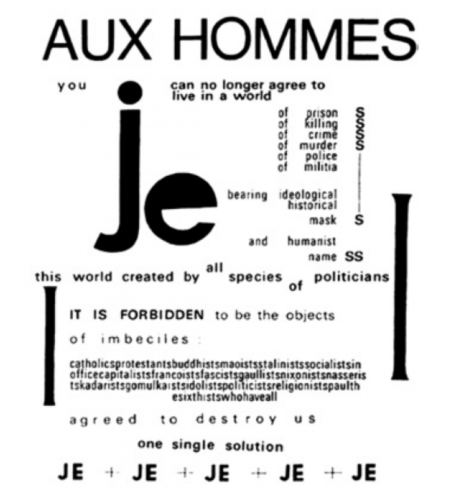 Dans son poème Aux hommes de 1969, Henri Chopin joue des contrastes d’échelle et de noirs typographiques.
