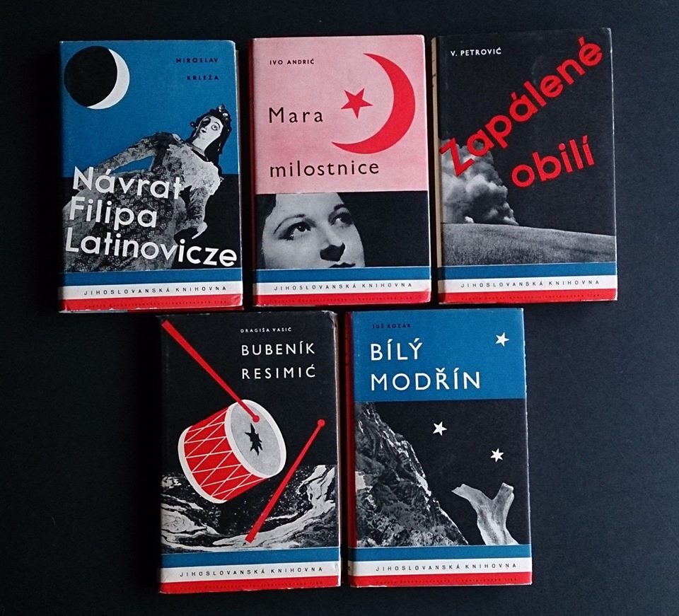 Jihoslovanská Knihovna
Published by L. Mazác, Prague, Czechoslovakia, 1938
First Edition
Hardback with pictorial dust jackets
Size appox. 21.5 x 14 cm From the scarce ten-volume Jihoslovanská Knihovna (South Slavic Library) series All bookjackets from the series designed by the Devetsil artist-designer FrantiÅ¡ek Muzika. The individual authors/book titles are as follows: 1. Vladimir Levstik: Cin. - 2. Dinko Simunovic: Rodina Vincicu. - 3. Vladimir Nazor: Povidky z detstvÃ. - 4. Tone Seliskar: Na úskali. - 5. Petar S.Petrovic: Vesnice spÃ. - 6. Miroslav Krleza: Návrat Filipa Latinovicze. - 7. Ivo Andric: Mara milostnice. - 8. Veljko Petrovic: Zapálené obilÃ. - 9. Dragisa Vasic: Bubenic Resimic. - 10. Jus Kozak: Bilý modrÃn.