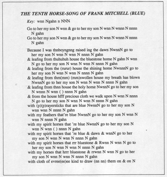 Deuxième numéro d’Alcheringa traduction de Jerome Rothenberg du chant cérémoniel du chamane navajo Frank Mitchell qui avait été offert à Rothenberg par le musicologue David McAllester. https://pierredeleage.wordpress.com/2015/02/03/repartir-de-zero-23/