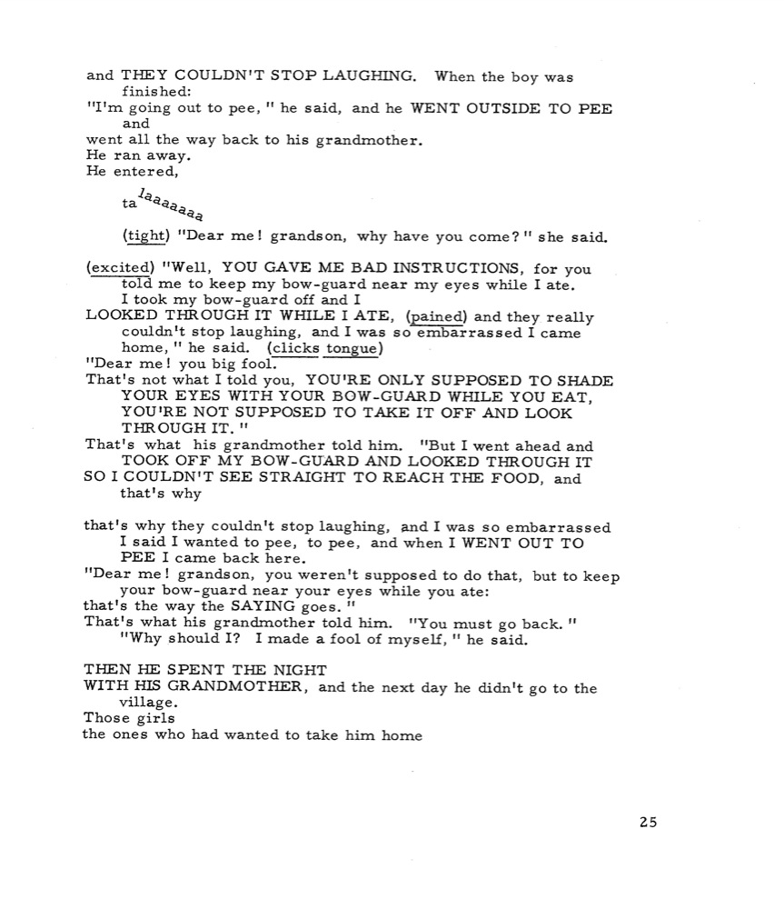 Dennis Tedlock, traduction et transcription typographique du poème rituel Zuni Finding Center, d’après une performance enregistrée de Walter Sanchez. Les pauses de moins d’une seconde sont indiquées par un retour charriot, celles de deux ou trois secondes par un saut de ligne, les passages dits fortement sont inscrits en capitale, les glissandos sont traités en oblique. Alcheringa volume 1, issue 2, été 1971, p. 21 http://ethnopoetics.com/2/2.html