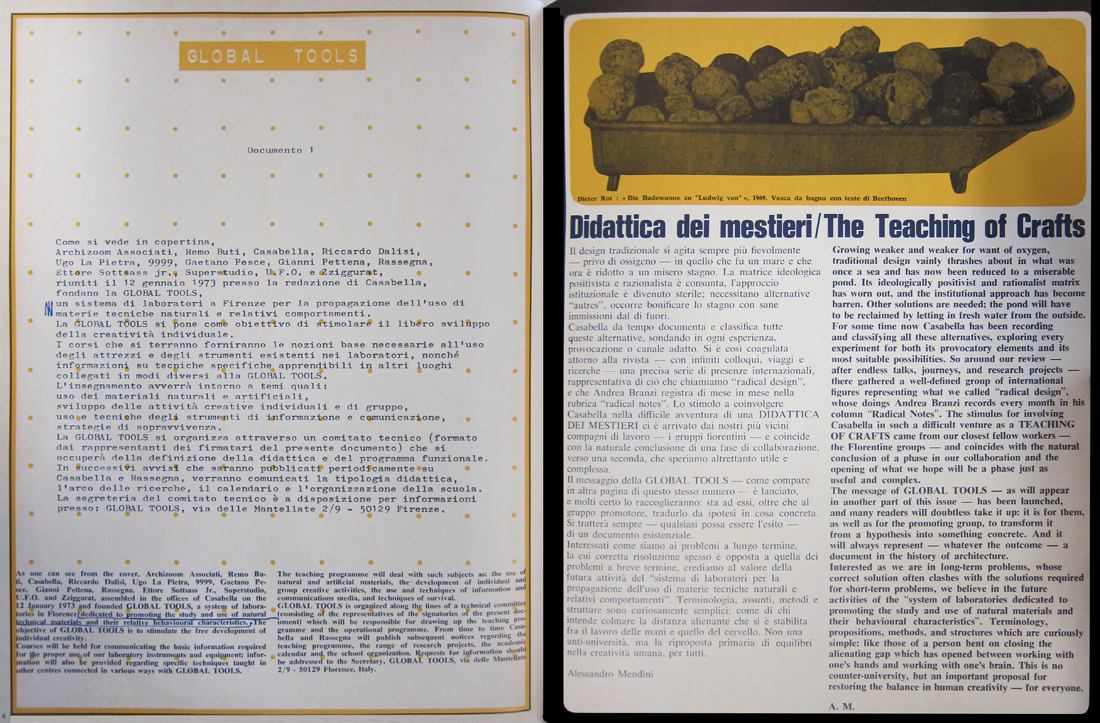  Présentation de la Global Tools (document 1) et article d’A. Mendini, « Didactique des métiers »,  extrait reproduit in Revue Casabella n°377, 1973, pp.4-5.