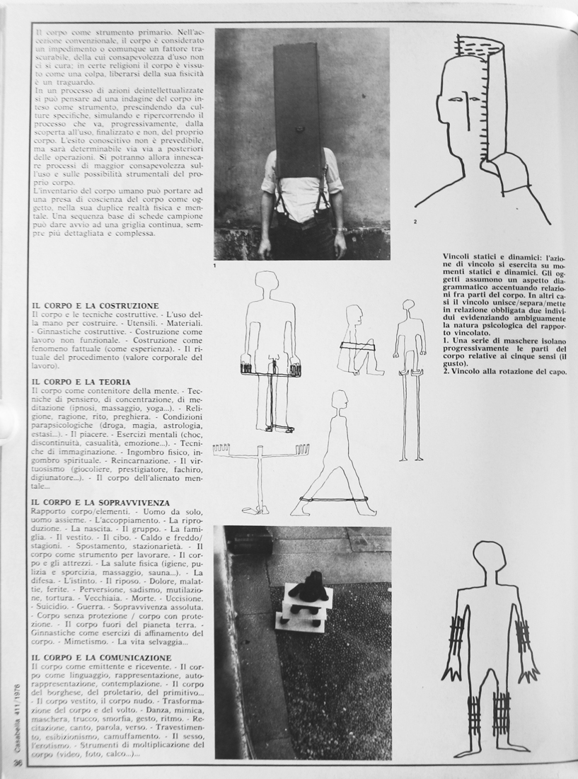 F. Raggi, N. Noja, A. Mendini, D. Mosconi, G. Celant, « Global Tools, Milano - Giugno ‘75 – Le corps et les contraintes », extrait de la Revue Casabella n°411, 1976, pp.34-38.