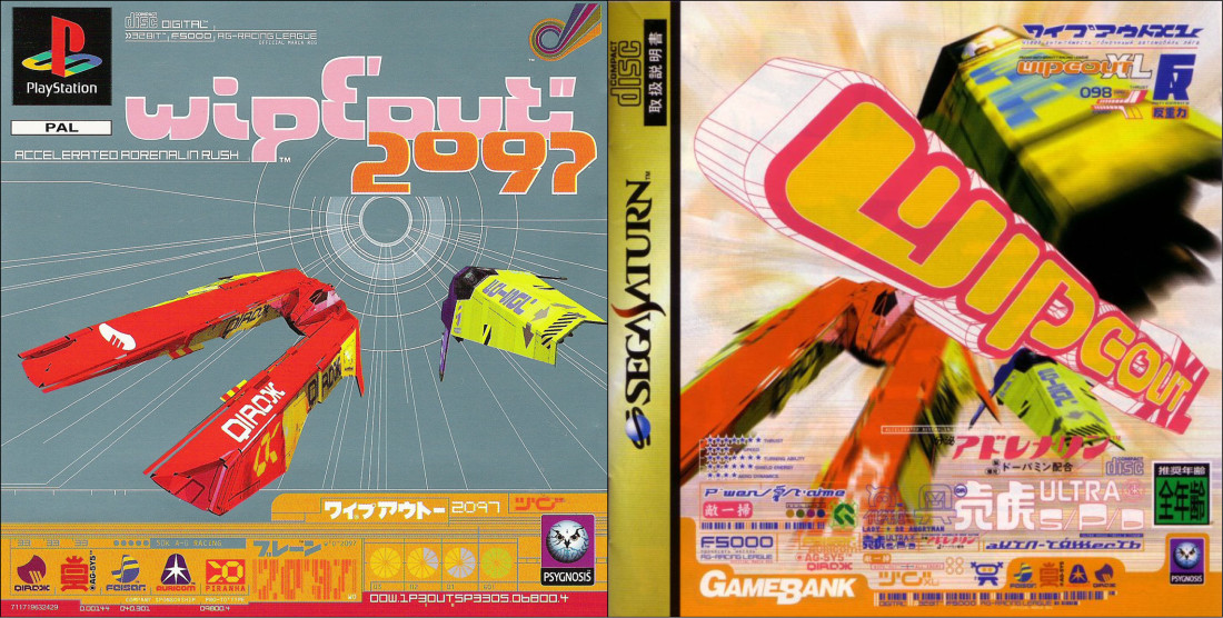 Wipeout 2097/XL, 1996. Couverture Playstation (recto), 1. Version pour le marché européen. 2. Version pour le marché japonais.