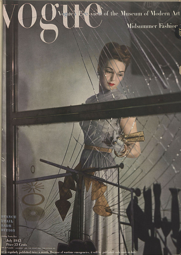Couverture du magazine Vogue n°106 réalisée en 1945 au Museum of Modern Art (New-York, États-Unis) avec Le Grand Verre de Marcel Duchamp. « One cannot blame Vogue for they run true to form, but one can only be amazed and shocked that you should advise your Trustees to so flippant and devastating a presentation of important works of art in the collection and loans of the Museum for Commerical purposes…But apparently the desire for notoriety preceeds [sic] any reverence for art. »