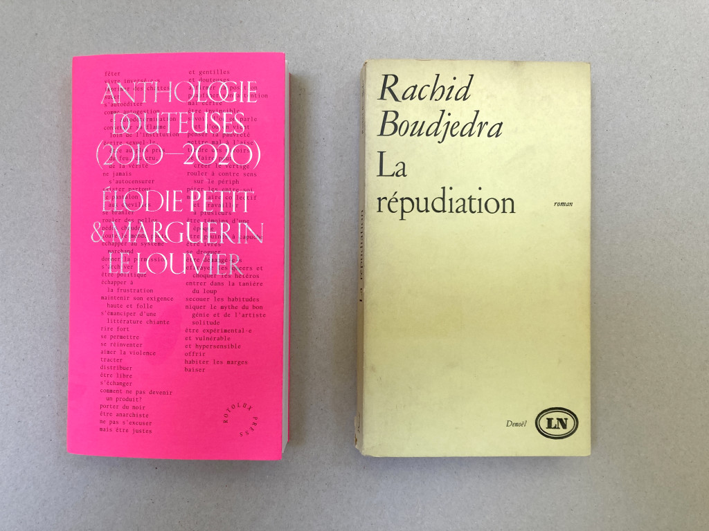 de gauche à droite : Élodie Petit & Marguerin Le Louvier, Anthologies douteuses, Paris, Rotolux Press, 2021 ET Rachid Boudjedra, La Répudiation, Paris, « Lettres nouvelles », Denoël, 1969.