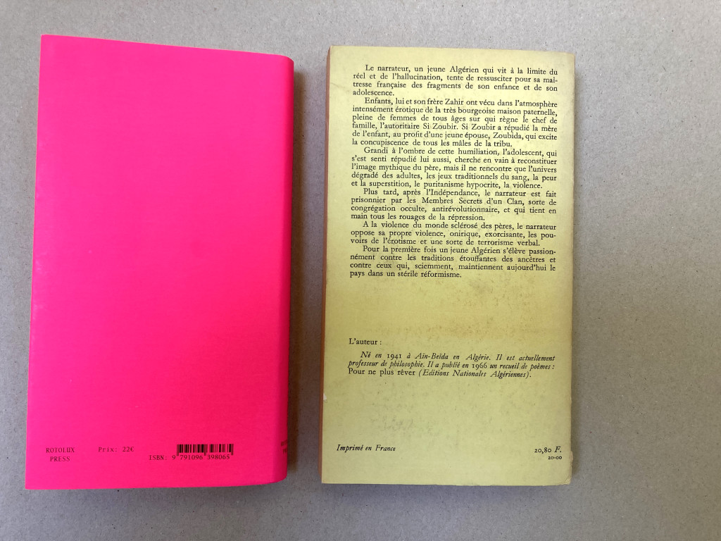 Quatrième de couverture d’Anthologie douteuses (Rotolux Press, 2021), et La Répudiation (Denoël, 1969)