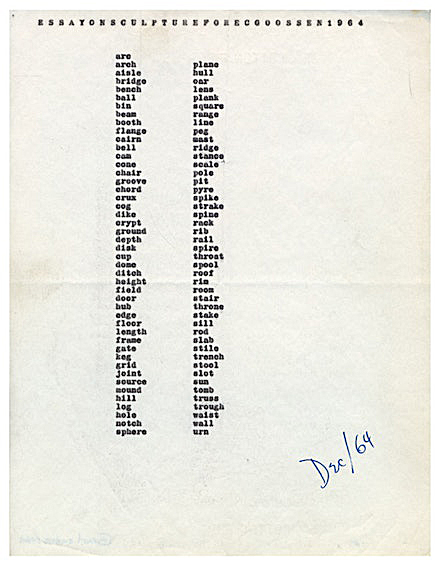 Carl Andre, “Essay on Sculpture for EC Goossen,” Typewriter carbon on paper. 10 7 8 x 8 3 8”. © Carl Andre Licensed by VAGA, New York, NY. Courtesy Paula Cooper Gallery, New York. 