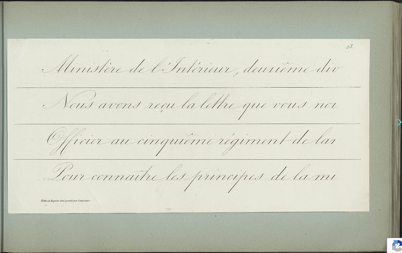 modèle d'écriture dite «Anglaise envoyée» (Ministère de l'Intérieur, Nous avons reçu la lettre que vous), planche extraite de la Méthode Générale d'Écriture par Régnier aîné, 1842, Colas Imprimeur, Paris 