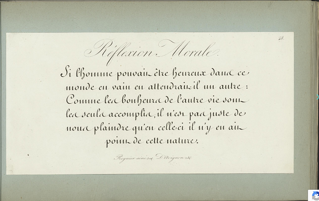 modèle d'écriture dite «Ronde» (les bonheurs de l’autre vie sont les seuls accomplis), planche extraite de la Méthode Générale d’Écriture par Régnier aîné, 1842, Colas Imprimeur, Paris 
