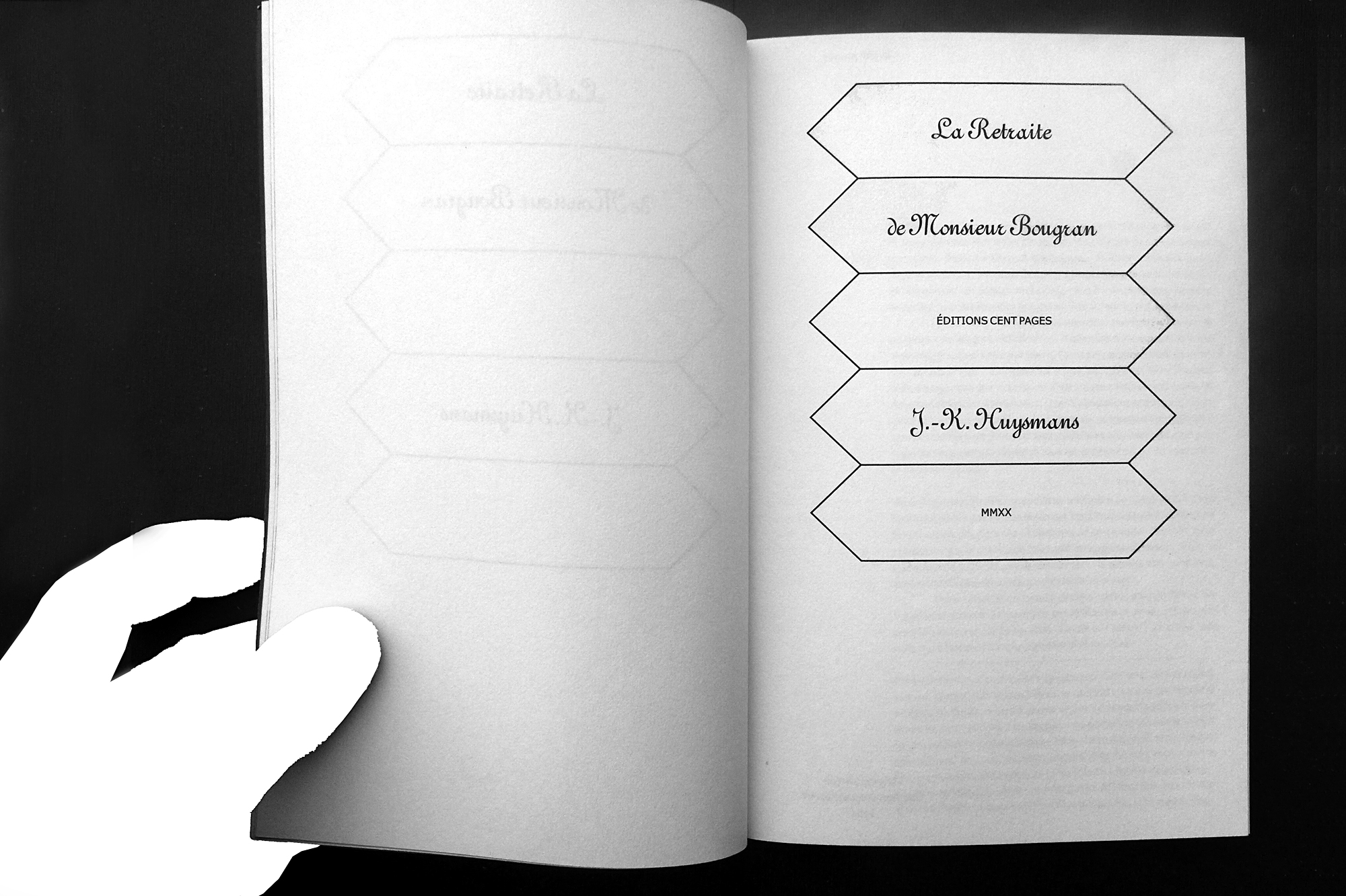 séquence de pages de titre, 3e tambour, p. 6-7, de l’exemplaire N°1, «La Retraite de Monsieur Bougran», éditions CENT PAGES, 2020 