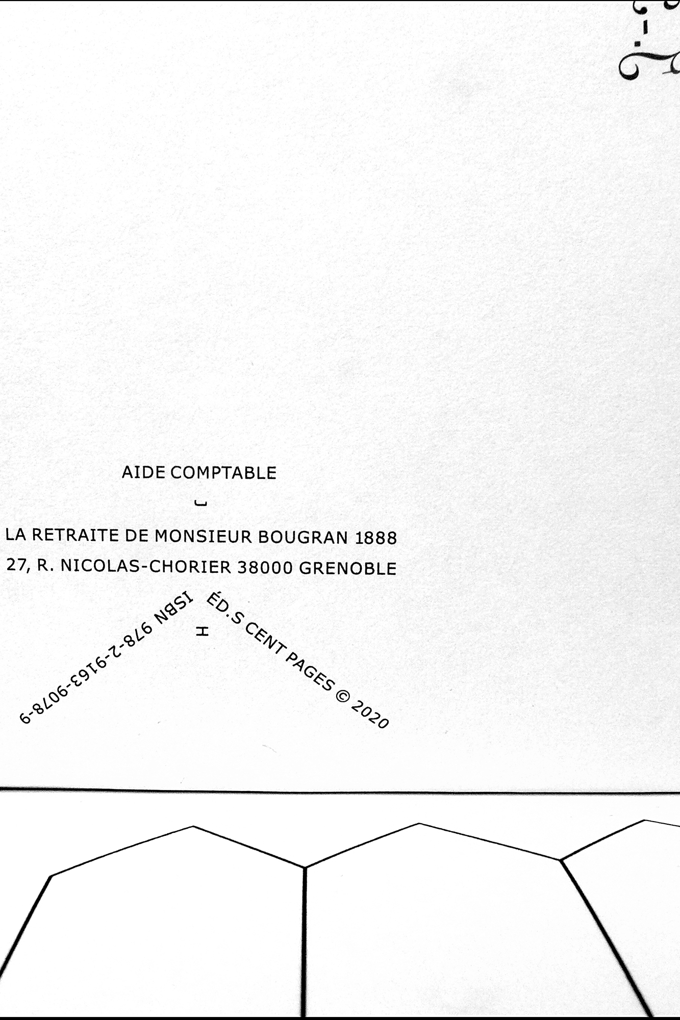 à l'aide, calligrammatiquement K, p. 2, de l'exemplaire N°1, «La Retraite de Monsieur Bougran», éditions CENT PAGES, 2020 
